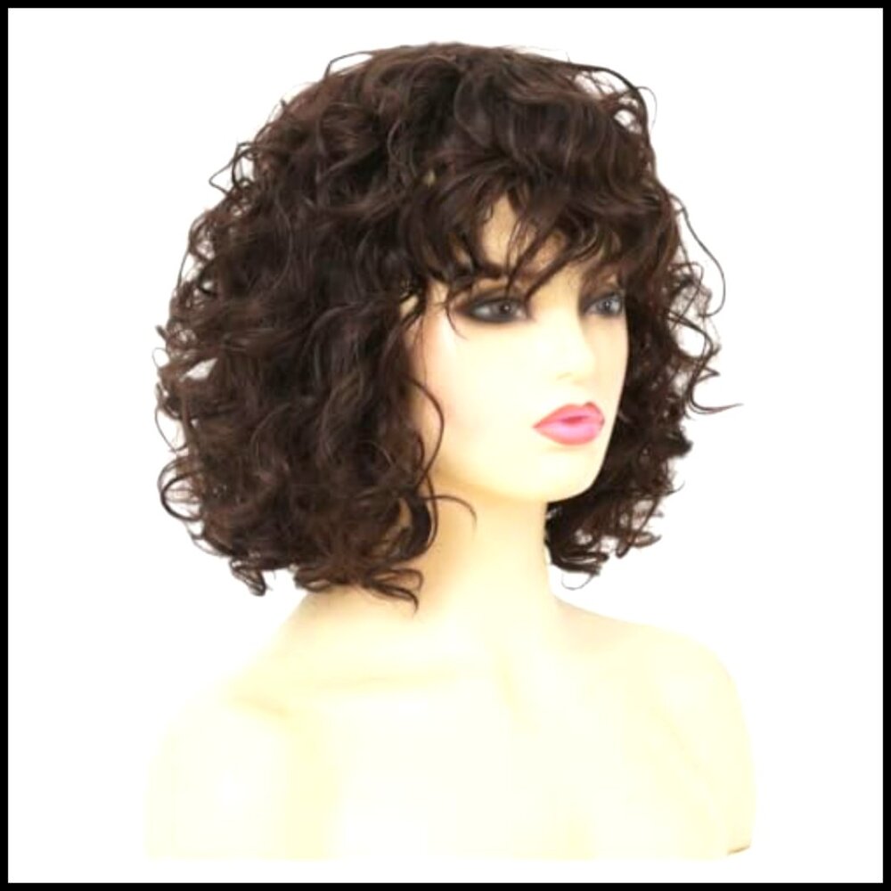 Curly Bob Wig with Bangs Shoulder Length Synthetic Heat Resistant Daily Party - Picture 4 of 7